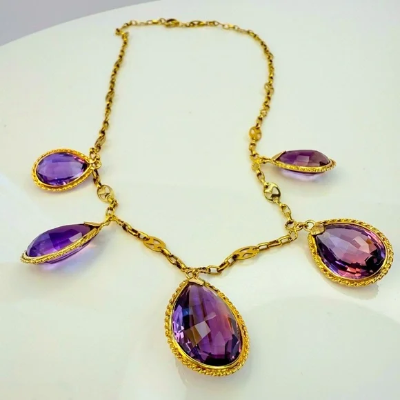 Antique Iberian 17K Gold Imperial Amethyst Fringe Necklace - Picture 15 of 16